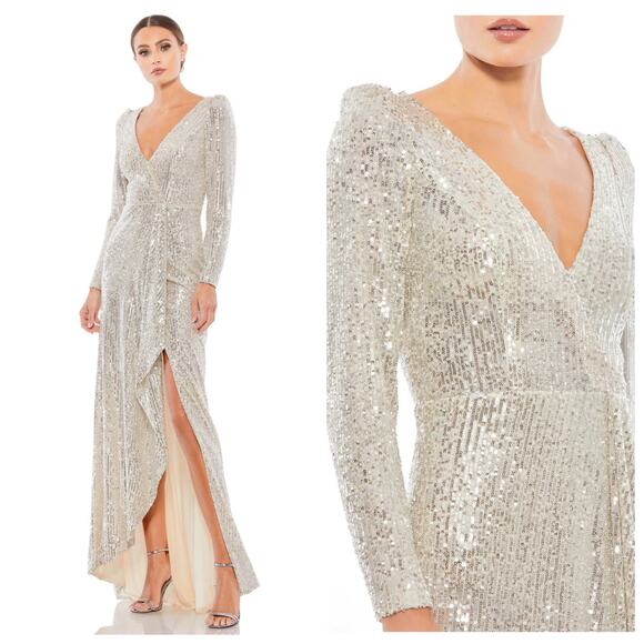 Mac Duggal Silver Sequin Wrap Evening Gown Size 10 $398 26395 - Picture 1 of 15